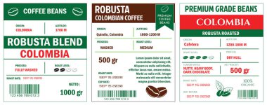 Robusta Blend ve Premium Grade Beans 'i cmyk modunda gösteren kahve etiketlerinin bir çizimi. Etiketler kaynak, yükseklik, rosto seviyesi, süreç ve net ağırlık gibi çeşitli kahve özelliklerini ayrıntılarıyla açıklar.  