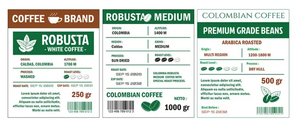 stock image An illustration of coffee labels template, showcasing Robusta Blend and Premium Grade Beans in cmyk mode with two tone color. The labels detail various coffee attributes such as origin, altitude, roast level, process, and net weight.  