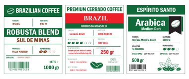 Kahve etiketleri şablonu, Robusta Blend ve Arabica kalite fasulyeleri iki ton renginde sergileniyor. Etiketler kaynak, yükseklik, rosto seviyesi, süreç ve net ağırlık gibi çeşitli kahve özelliklerini ayrıntılarıyla açıklar.  