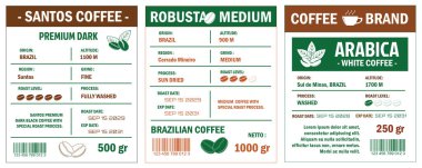 Kahve etiketleri şablonu, Robusta Blend ve Arabica kalite fasulyeleri iki ton renginde sergileniyor. Etiketler kaynak, yükseklik, rosto seviyesi, süreç ve net ağırlık gibi çeşitli kahve özelliklerini ayrıntılarıyla açıklar.  