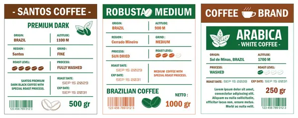 stock image An illustration of coffee labels template, showcasing Robusta Blend and Arabica Grade Beans in cmyk mode with two tone color. The labels detail various coffee attributes such as origin, altitude, roast level, process, and net weight.  