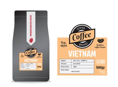Vietnam Kahve Etiketleri, cmyk kipinde iki ton renginde basit düz bir şablon çizer.