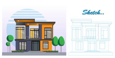 Blueprint Sketch ile Modern Minimalist Ev Tasarımı Şablonu