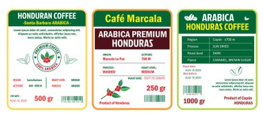 Honduras Kahve Etiketleri 'nin tasviri RGB kipinde basit düz bir biçim şablonu.