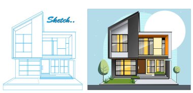 Emlak Broşürü ve Fuarı için Minimalist Modern Ev Tasarımı Çizimi.