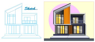 An Illustration of Modern Minimalist Template House Design with Blueprint Sketch, featuring a clean and contemporary two-story structure.   clipart