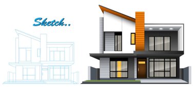 Blueprint Sketch ile Modern Minimalist Ev Tasarımı Şablonu