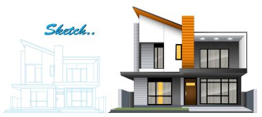 Blueprint Sketch ile Modern Minimalist Ev Tasarımı Şablonu