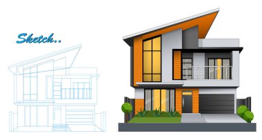 Blueprint Sketch ile Modern Minimalist Ev Tasarımı Şablonu