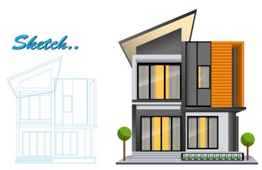 Blueprint Sketch ile Modern Minimalist Ev Tasarımı Şablonu