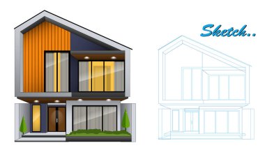 Blueprint Sketch ile Modern Minimalist Ev Tasarımı Şablonu