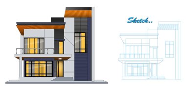 Template of Modern Minimalist House Design with Blueprint Sketch clipart