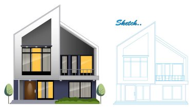 Blueprint Sketch ile Modern Minimalist Ev Tasarımı Şablonu
