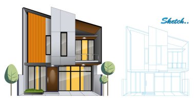 Blueprint Sketch ile Modern Minimalist Ev Tasarımı Şablonu