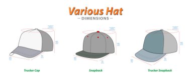 Beyzbol Şapka Boyutları, Çeşitli Şapka Boyutları, Kamyon Kaptanı, Snapback ve Kamyoncu Snapback, Tasarım ve Yapı Resimleri, beyaz üzerine izole edilmiş