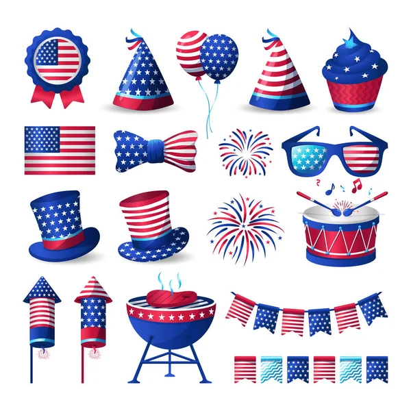 4Th July Usa Independence Day Elements Bright Vibrant Color Vector — Stock Vector