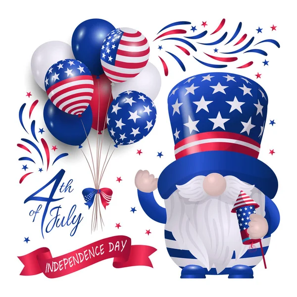 4Th July Γιορτή Ξωτικά Φορώντας Καπέλο Κόμμα Κρατώντας Πυροτεχνήματα Μπαλόνια — Διανυσματικό Αρχείο