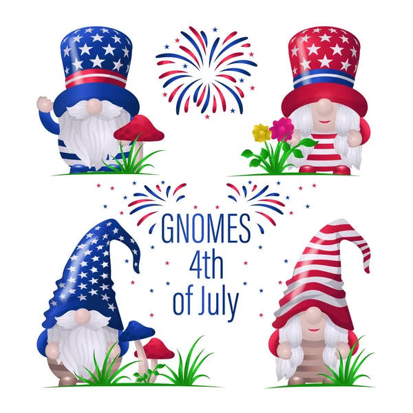 Χαριτωμένο Αμερικανική Συλλογή Gnomes Γιορτάζοντας Την Ιουλίου Ηπα Ημέρα Ανεξαρτησίας — Διανυσματικό Αρχείο