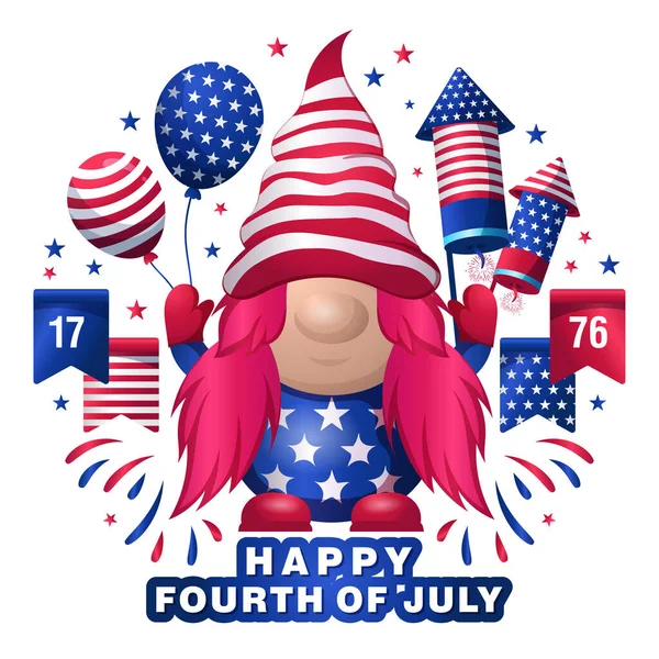 Χαριτωμένο Αμερικανικό Gnomes Κορίτσι Γιορτάζοντας Της 4Ης Ιουλίου Ηπα Ημέρα — Διανυσματικό Αρχείο