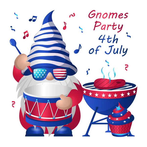 American Gnomes Drum Celebration 4Th July Bbq Party Διανυσματική Απεικόνιση — Διανυσματικό Αρχείο