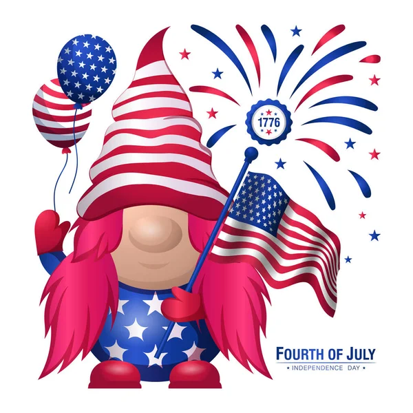 Χαριτωμένο Gnomes Κορίτσι Κρατώντας Μπαλόνια Και Αμερικανική Σημαία Γιορτάζοντας Της — Διανυσματικό Αρχείο