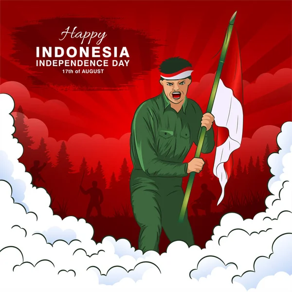 英雄の日 インドネシアの兵士が旗を持っているハリ パフラワン族のインドネシア人の背景 — ストックベクタ