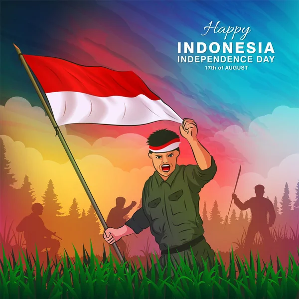 Dirgahayu Diseño Bandera 78º Día Independencia Indonesia Con Soldado Sosteniendo — Vector de stock