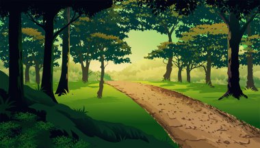 Yeşil bir ormanda ve ağaçların arasında toprak yol. Yeşillik bitki örtüsü çizimi.