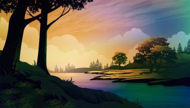 Tropikal bir orman vektörünün arka planından güzel bir gün doğumu nehir manzarası