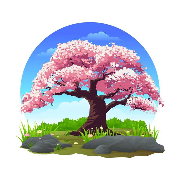 Körsbärsträd Liten Med Frodig Grönt Gräs Vektor Illustration — Stock vektor
