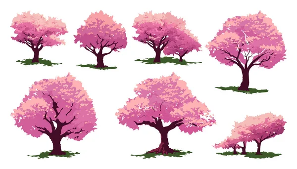 Kirschbäume Vektorelement Isoliert Verschiedene Bäume Mit Üppigen Blüten Und Blättern — Stockvektor