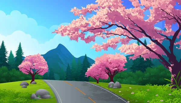 Kirschblütenbaum Mit Schönen Frühling Jahreszeit Landschaft Vektor Illustration — Stockvektor