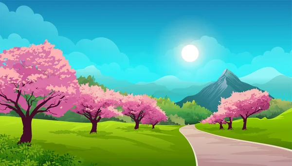 Beautiful Spring season landscape with Cherry blossom tree vector illustration