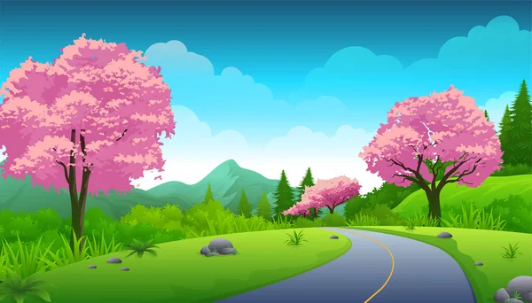 Spring Season Beautiful Landscape Cherry Blossom Tree Asphalt Road Vector — Stock Vector