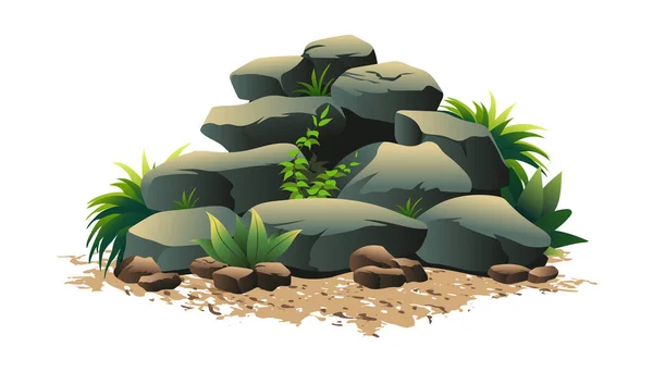 Steine Und Steinhaufen Mit Grünem Grasvektor — Stockvektor