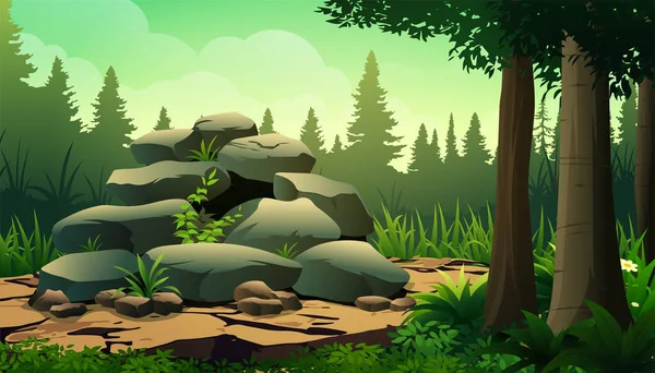 Felsen Oder Steinhaufen Inmitten Eines Dschungels Mit Bäumen Üppige Vegetationsvektorillustration — Stockvektor