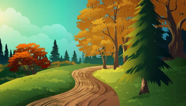 緑の森と美しい秋の牧草地の間のダートパスベクトルイラスト — ストックベクタ
