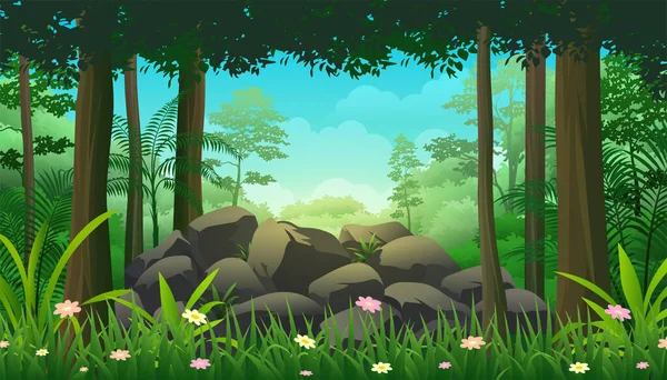 Pile Rocks Stone Middle Jungle Trees Lush Vegetation Vector Illustration — Stock Vector