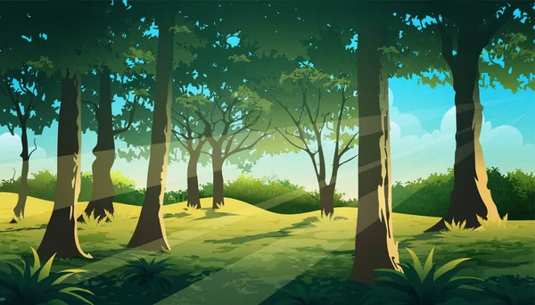 鬱蒼とした木のベクトルの風景と夏の森のジャングルのイラスト — ストックベクタ