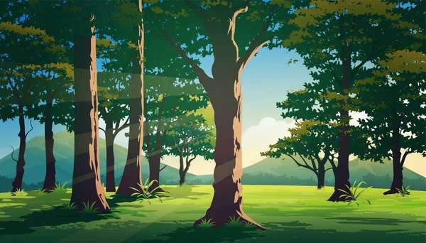 Векторная Иллюстрация Леса Плотными Деревьями Ярким Солнечным Светом — стоковый вектор