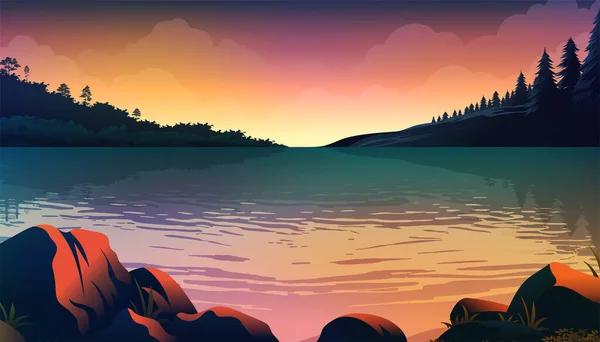 Sonnenuntergang See Natürliche Vektorlandschaft Mit Hellen Lebendigen Farbdesign — Stockvektor