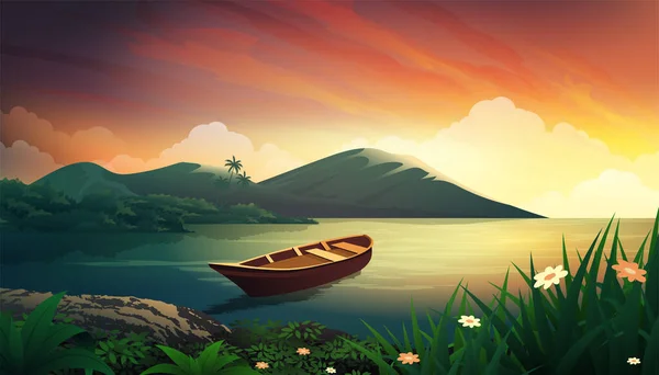 Sonnenuntergang See Holzboot Mit Schönen Panoramischen Vektorlandschaft — Stockvektor