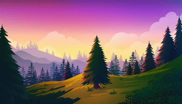 Vacker Utsikt Över Solnedgången Från Toppen Tallskogen Kulle Levande Färg — Stock vektor