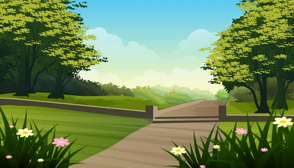 City Park Lush Grass Flowers Trees Vector Landscape Illustration — Stock Vector