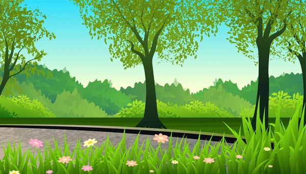 Stadtgarten Mit Üppigem Gras Blumen Und Bäumen Vektorlandschaft Illustration — Stockvektor