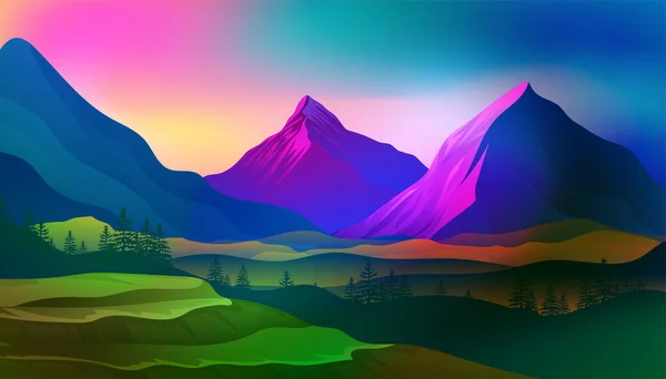 Schöne Morgendämmerung Und Tiefes Tal Vektorlandschaft Majestätische Berge Mit Leuchtenden — Stockvektor