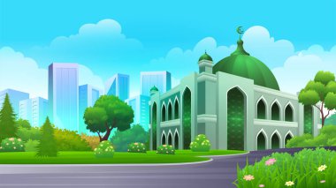 Cami şehri parkı ya da gökdelenleri ve güzel yaz manzaralı şehir bahçesi.