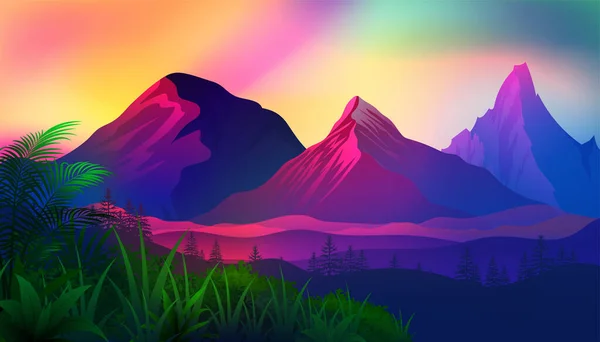 Majestätische Berge Mit Leuchtend Lebendigem Farbdesign Mit Sonnenaufgang Und Tiefer — Stockvektor