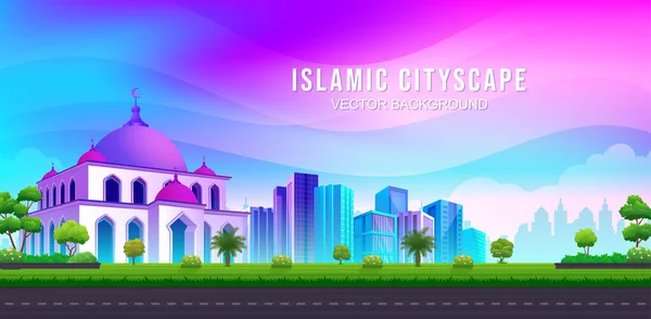 Highway Islamic City Colorful Mosque Skyscrapers Beautiful Summer Landscape Illustration — Stock Vector