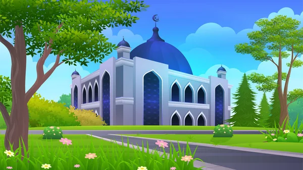 Beautiful Scene Mosque Lush Garden Vector Illustration — Stock Vector